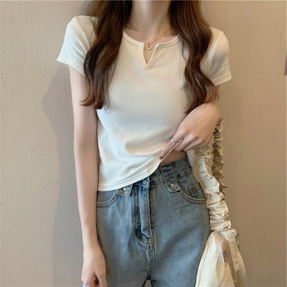 Women Casual Solid Color Short Sleeve Cropped Top Tee