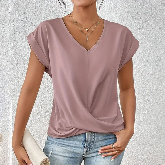 Camiseta informal de verano para mujer, color liso, cuello en V, manga corta, sin mangas