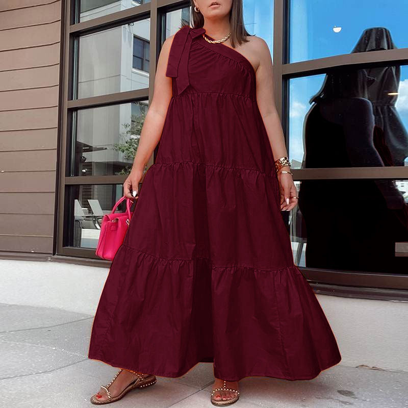 Women Fashion Casual Irregular One Shoulder Solid Color Loose Maxi Dress