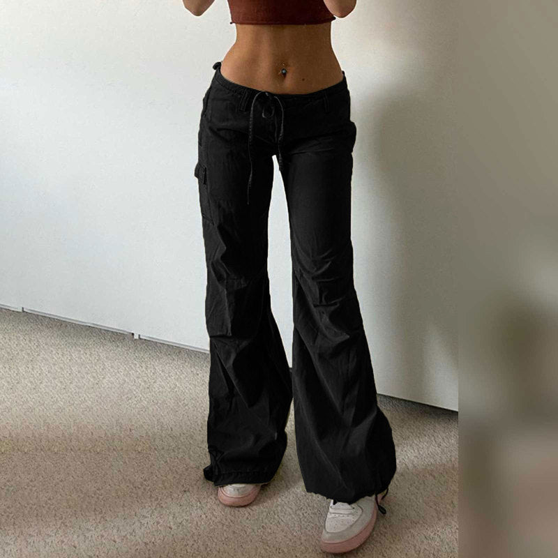 Women Fashion Casual Solid Color Drawstring Straight Pants