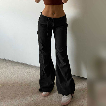 Women Fashion Casual Solid Color Drawstring Straight Pants