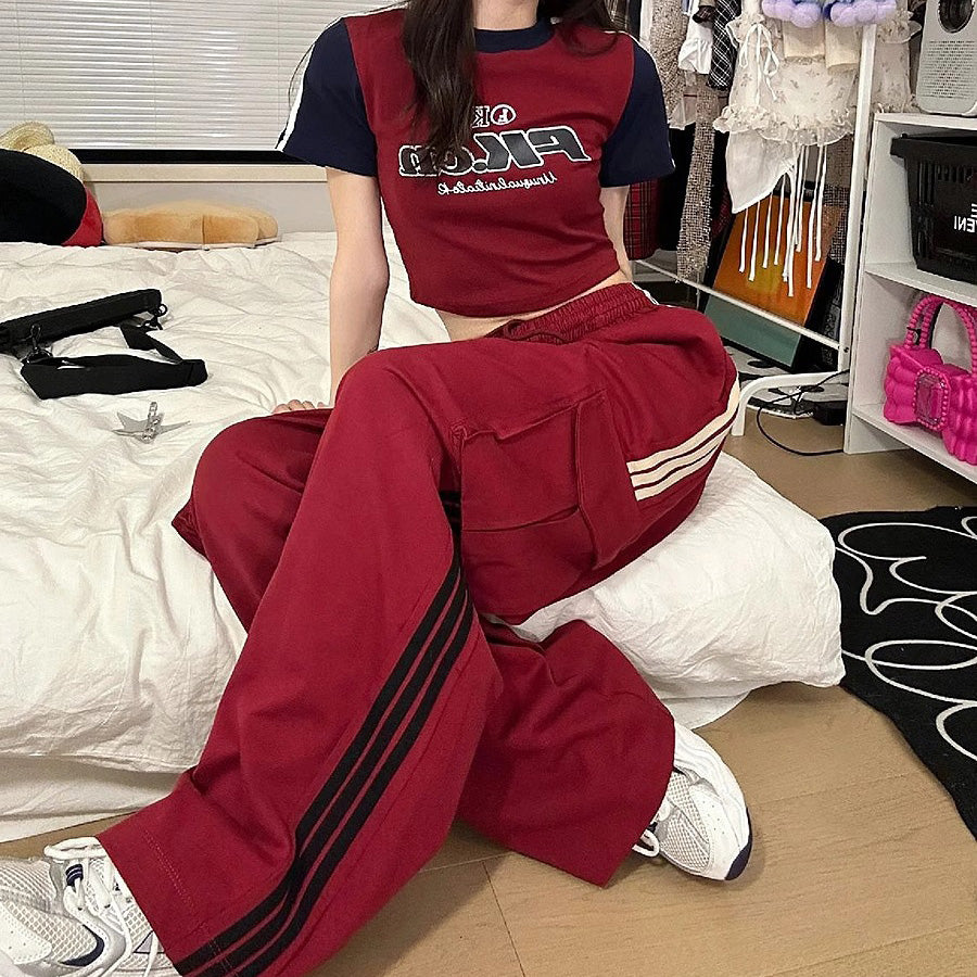 Conjunto de dos piezas para mujer, camiseta informal de manga corta con estampado de letras y pantalones anchos