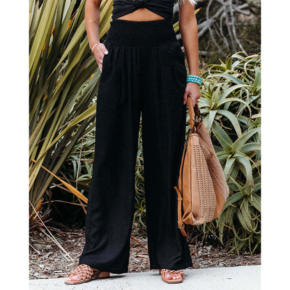 Women Cotton Linen Pockets Solid Loose Casual Wide Leg Long Trousers Pants