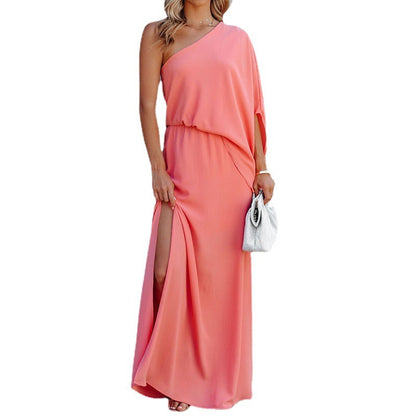 Summer Fashion Women Solid Color Oblique Collar Strapless Temperament Casual Long Dress