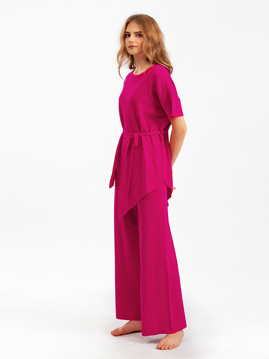 Conjunto de dos piezas de pantalón ancho y top irregular de color liso informal a la moda para mujer