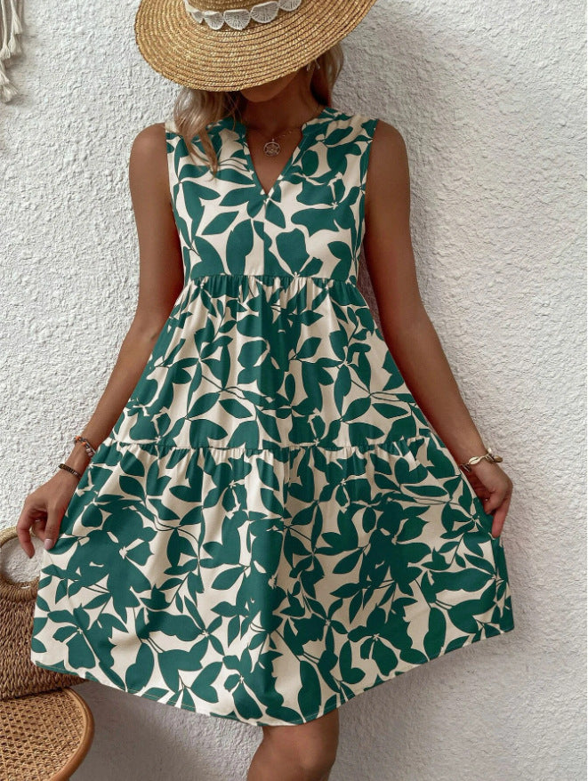 Vestido bohemio informal de vacaciones para mujer, holgado, con escote en V, plisado, estampado floral, sin mangas