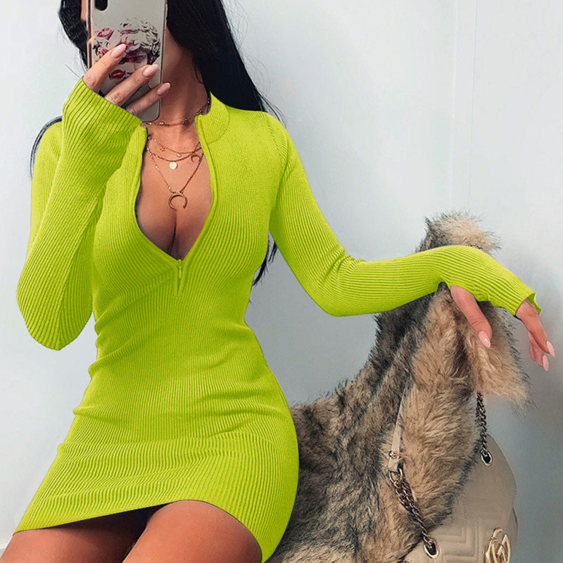 Women'S Fashion Casual Rib-Knit Zipper Slim-Fit Long Sleeve Dress