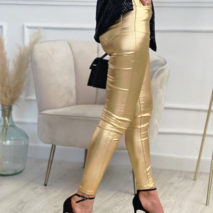 Pantalones ajustados casuales con diseño de bolsillo ajustado metálico sólido para mujer