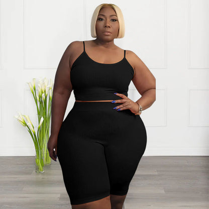 Plus Size Women Athleisure Casual Sports Two-Piece High Elastic U-Shaped Sleeveless Camis Shorts Set