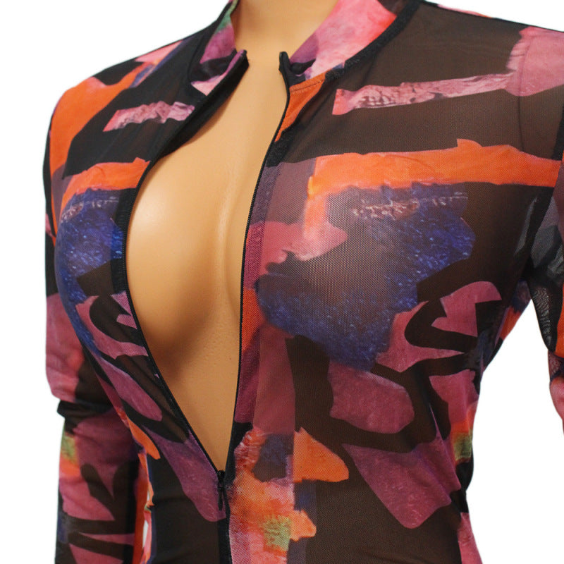 Women Printed Deep V Neck Long Sleeve Casual Slim Fit Rompers