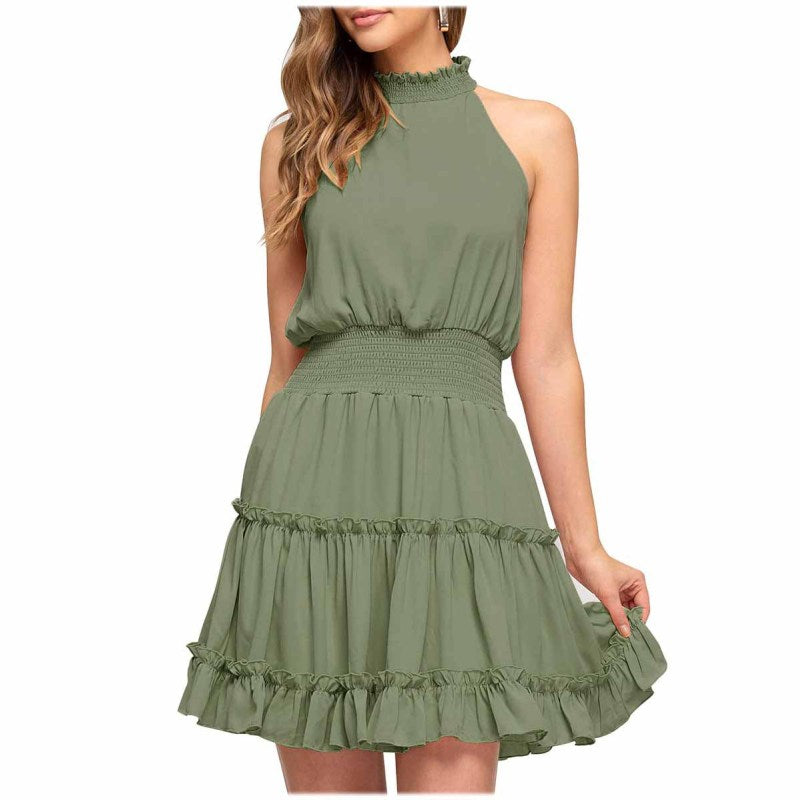 Women Fashion Casual Solid Color Neck Sleeveless Ruffled Dress