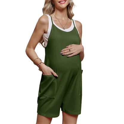 Women Casual Loose Sleeveless Suspender Pregnant Solid Color Pocket Maternity Rompers