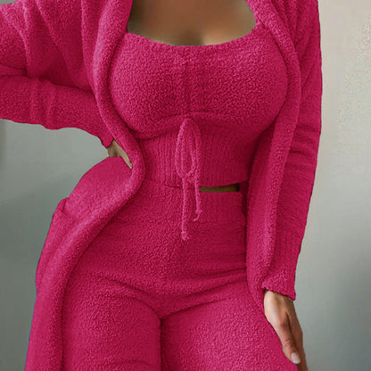 Conjunto de tres piezas de punto informal para mujer, camiseta sin mangas de felpa de color liso de invierno, pantalones y abrigo con cintura elástica