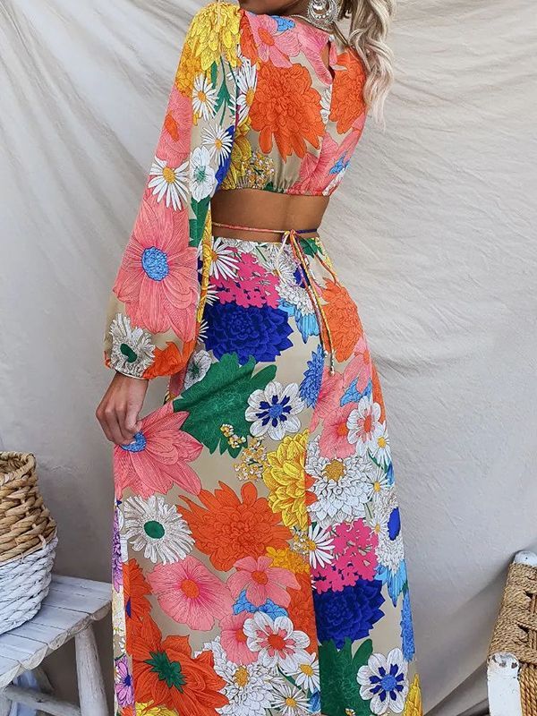 Vestido largo informal de manga larga con cordones y estampado floral para mujer