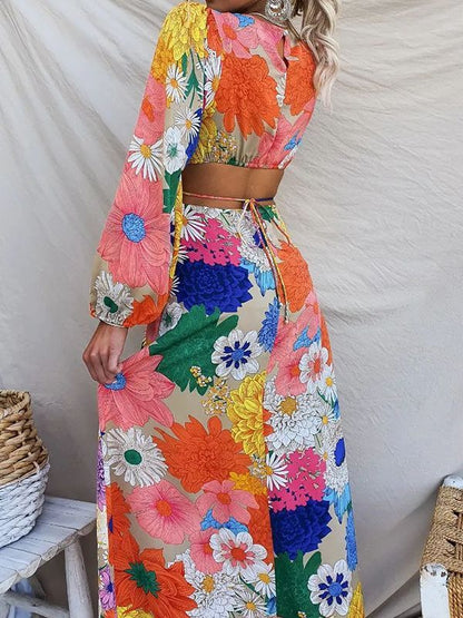 Vestido largo informal de manga larga con cordones y estampado floral para mujer