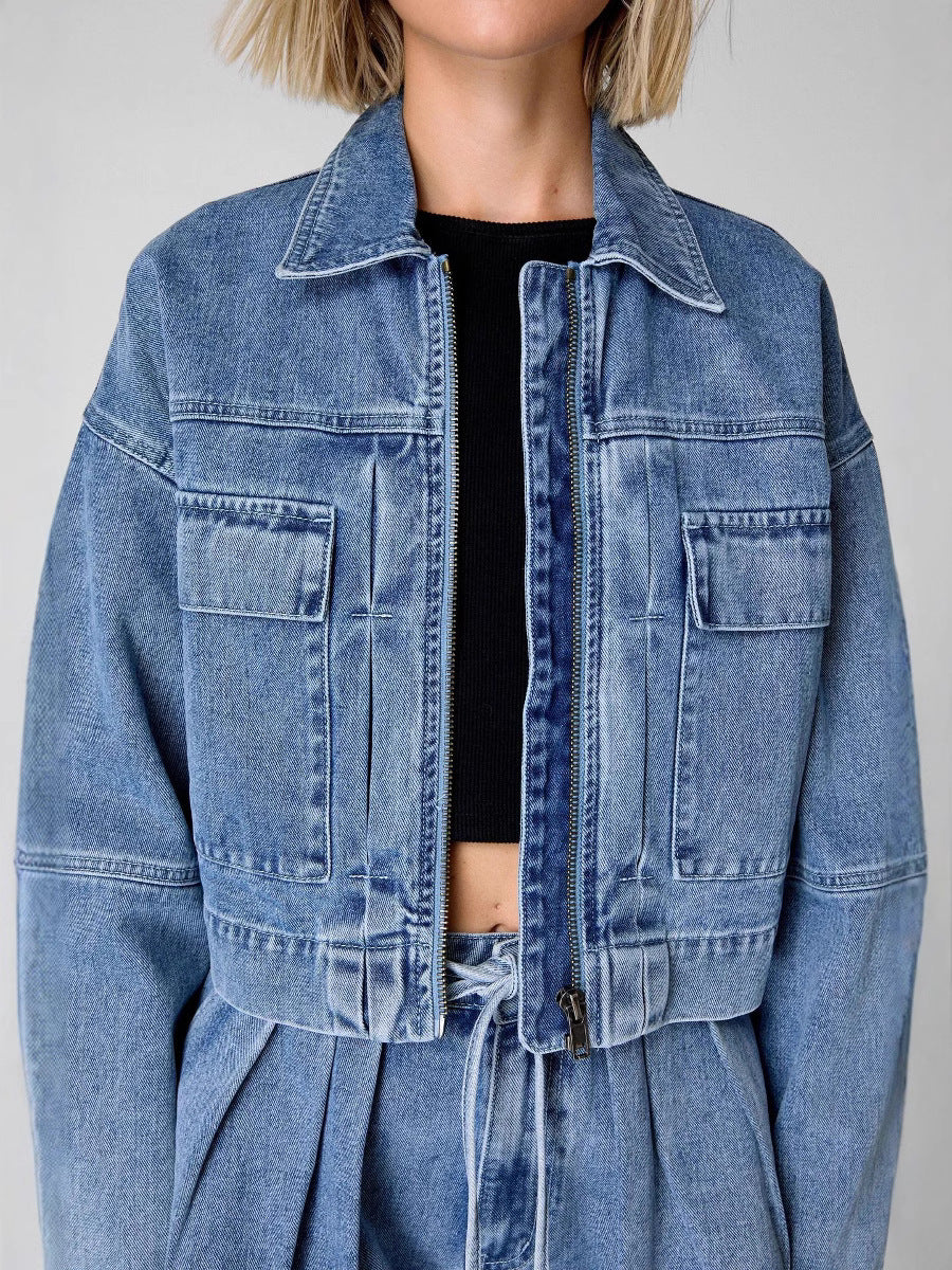 Conjunto de dos piezas informal de mezclilla con solapa, manga larga, cremallera y cintura alta para mujer