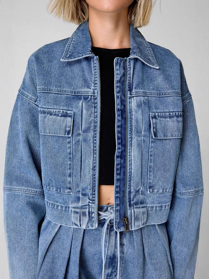 Conjunto de dos piezas informal de mezclilla con solapa, manga larga, cremallera y cintura alta para mujer