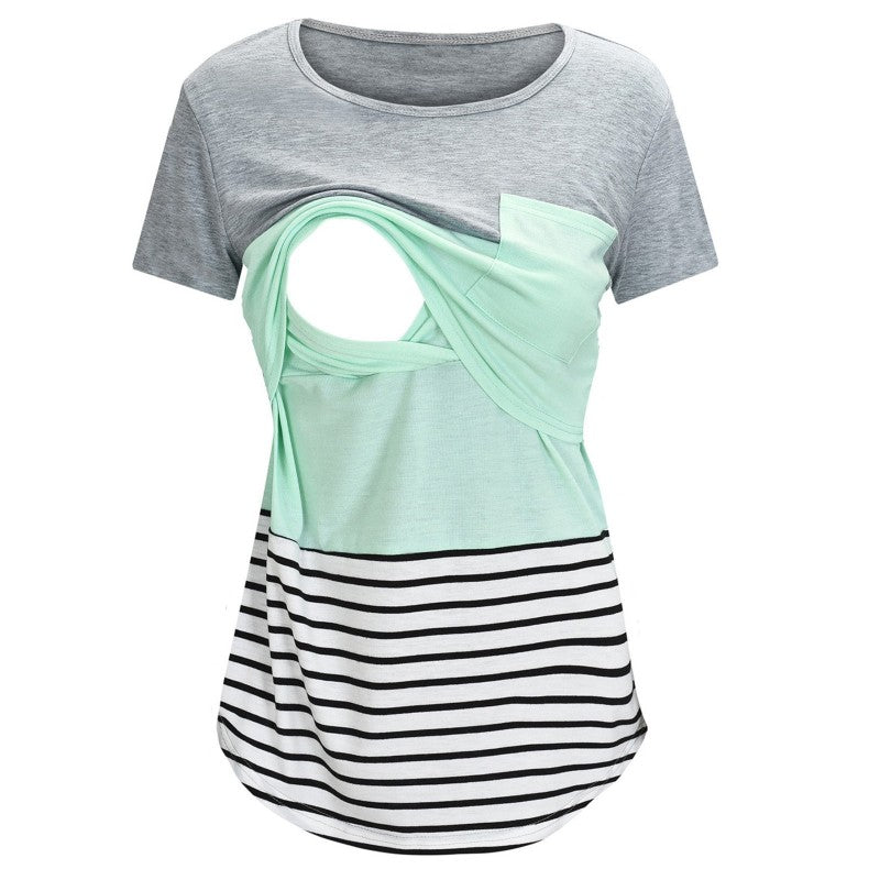 Summer Pregnant Women Fashion Casual Stripe Stitching Short Sleeve Breastfeeding Top
