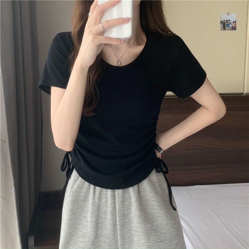 Women Casual Solid Color Drawstring Round Neck Short Sleeve Blank T-Shirt