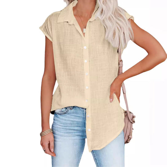 Blusa informal holgada de color liso con solapa y botonadura sencilla sin mangas para mujer
