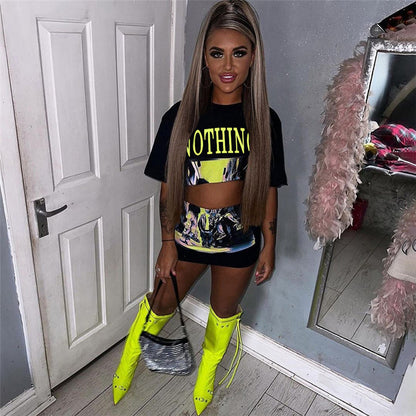 Fashion Women'S Round Neck Casual Letter Print Cropped T-Shirt High Waist Tight Skirt Set