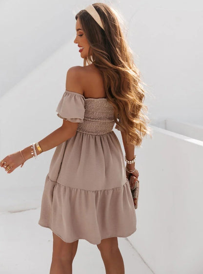 Summer Women Casual Solid Color Off-The-Shoulder Short-Sleeved Ruffled Dress