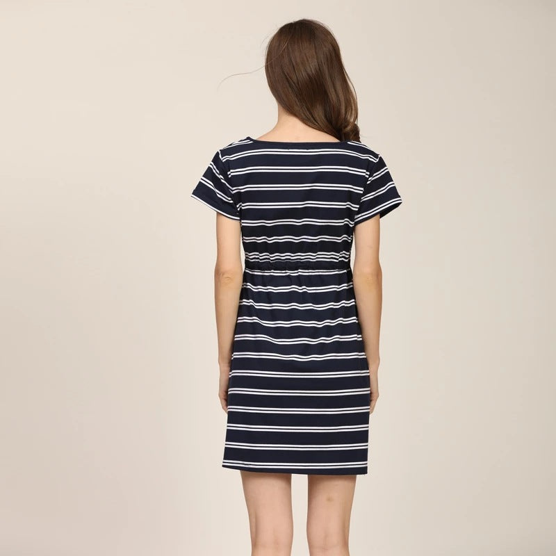 Vestido de lactancia para embarazadas, informal, con estampado de rayas, cuello redondo, manga corta, cinturón ajustable, moda de verano