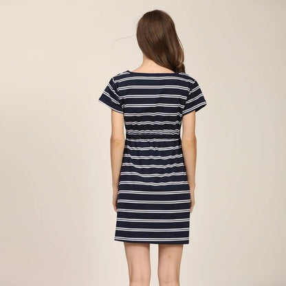 Vestido de lactancia para embarazadas, informal, con estampado de rayas, cuello redondo, manga corta, cinturón ajustable, moda de verano