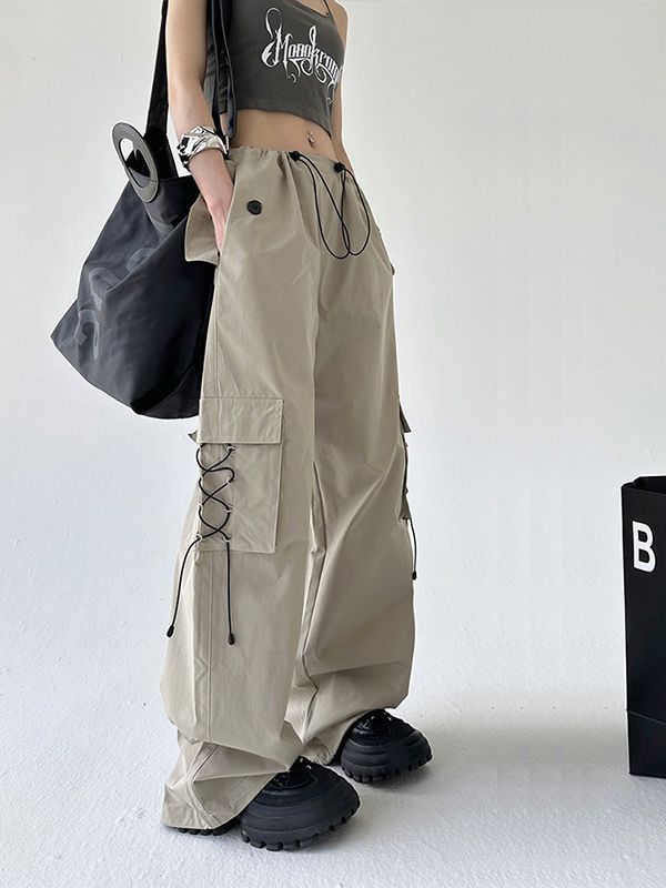 Street Fashion Women Khaki Casual Loosewide Leg Pocket Cargo Pants