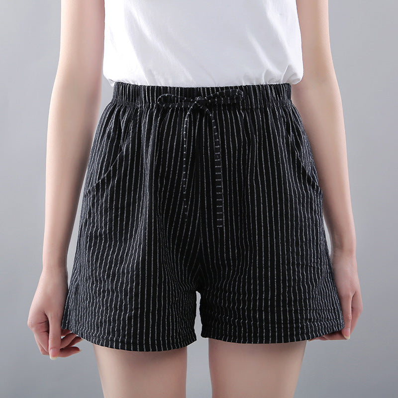 Women Casual Cotton Loose Stripe Lace-Up Shorts