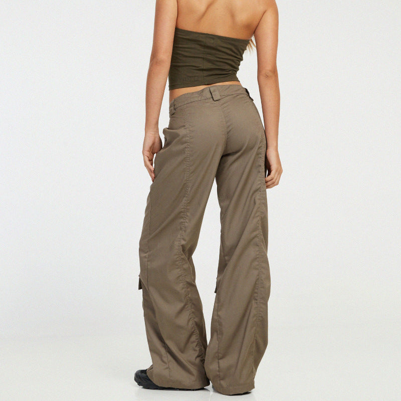 Women Fashion Casual Solid Color Loose Straight Leg Cargo Pants