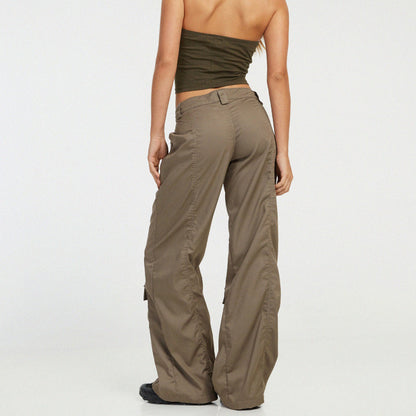 Women Fashion Casual Solid Color Loose Straight Leg Cargo Pants