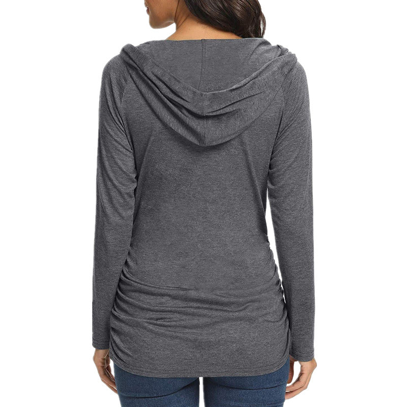 Pregnant Women Casual Solid Color V-Neck Long Sleeve Hooded Top