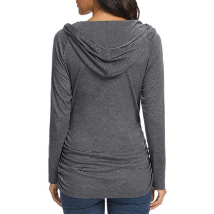 Pregnant Women Casual Solid Color V-Neck Long Sleeve Hooded Top