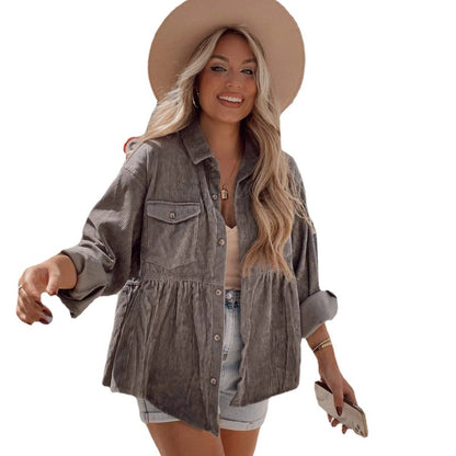 Women Casual Basic Solid Color Long Sleeve Lapel Single-breasted Pocket Design Corduroy Shacket
