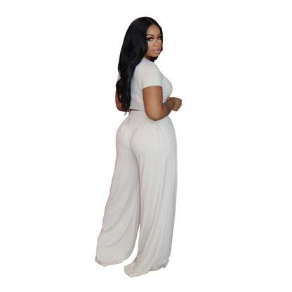 Women Casual Solid Color Plus Size Short-Sleeved Top Wide-Leg Pants Two-Piece Set