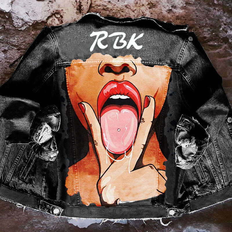 Chaqueta vaquera informal de manga larga con estampado gráfico y botonadura sencilla para mujer