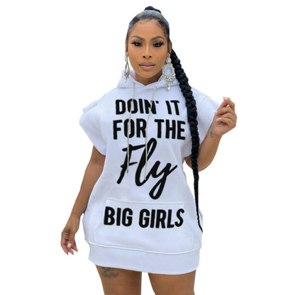 Women Edgy Spring Summer Short-Sleeved Pocket Plus Size Hooded Letter Printed Casual Dress