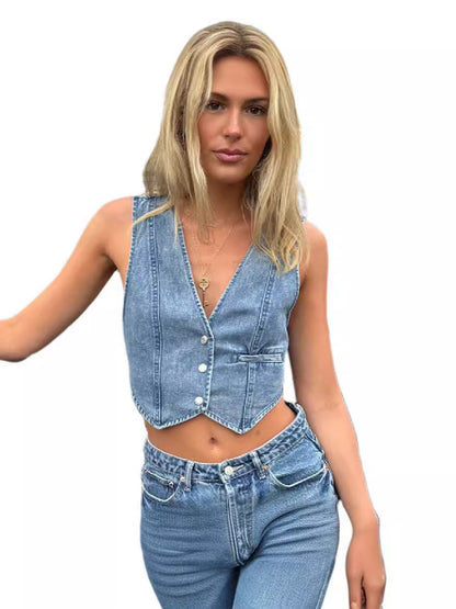 Women Fashion Casual V-Neck Denim Vest