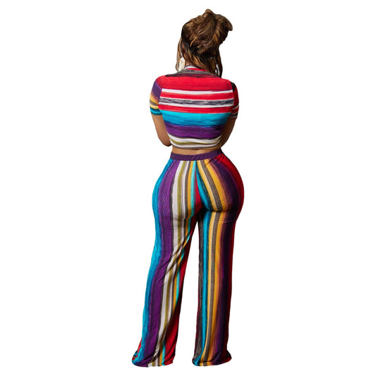 Casual Fashion Women Color Blocking Stripe Print Short Sleeve Crop Top And Pants Set