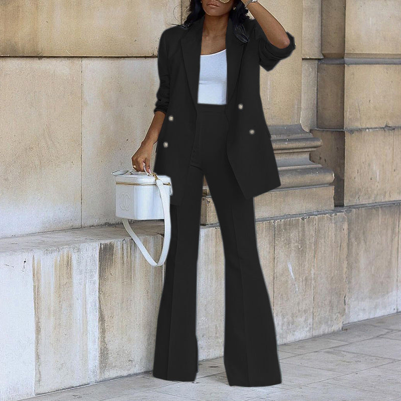 Traje de dos piezas con blazer informal de color liso y pantalones anchos para mujer