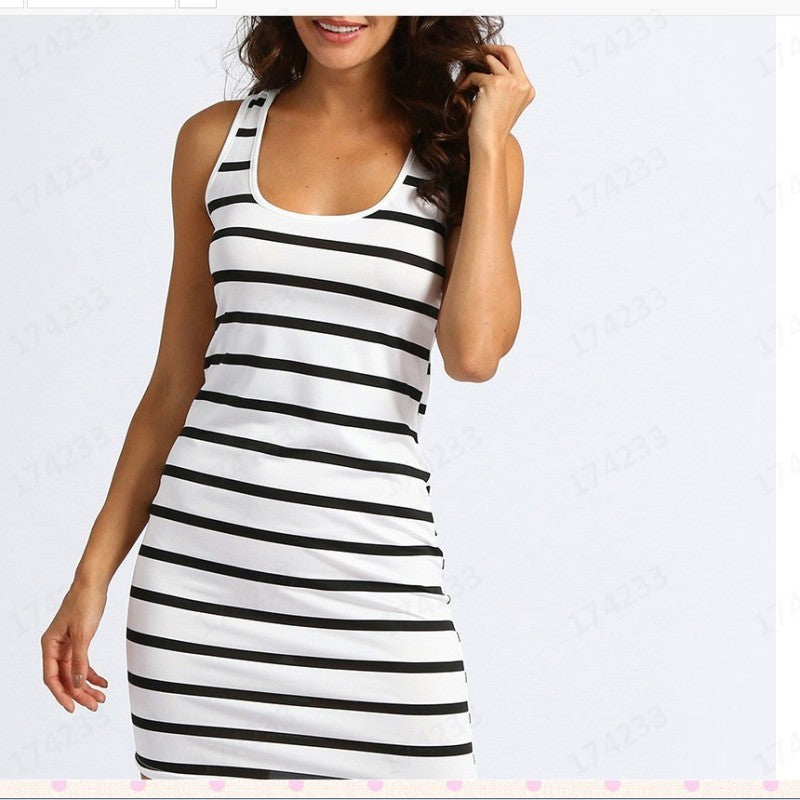 Women'S Fashion Casual Stripe Slim Fit Sleeveless Tank Top Long Dress
