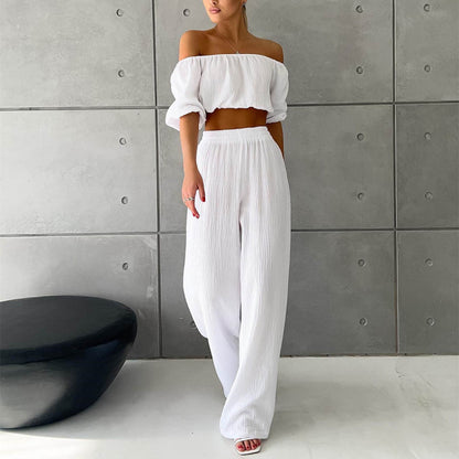 Women Solid Color Wrinkle Off-The-Shoulder Croptop And High Waist Wide-Leg Pants Casual Suit