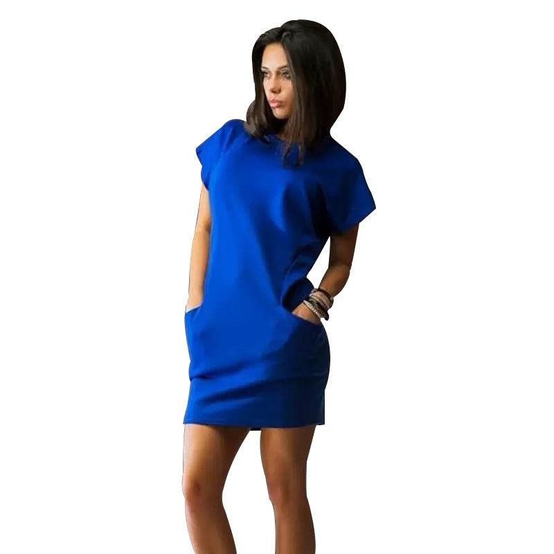 Women Fashion Casual Solid Color Pocket Short Sleeve Dress