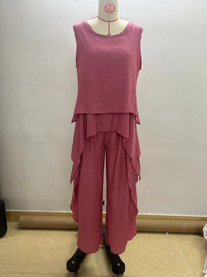 Conjunto de top y pantalones cortos informales sin mangas de color liso de talla grande a la moda para mujer