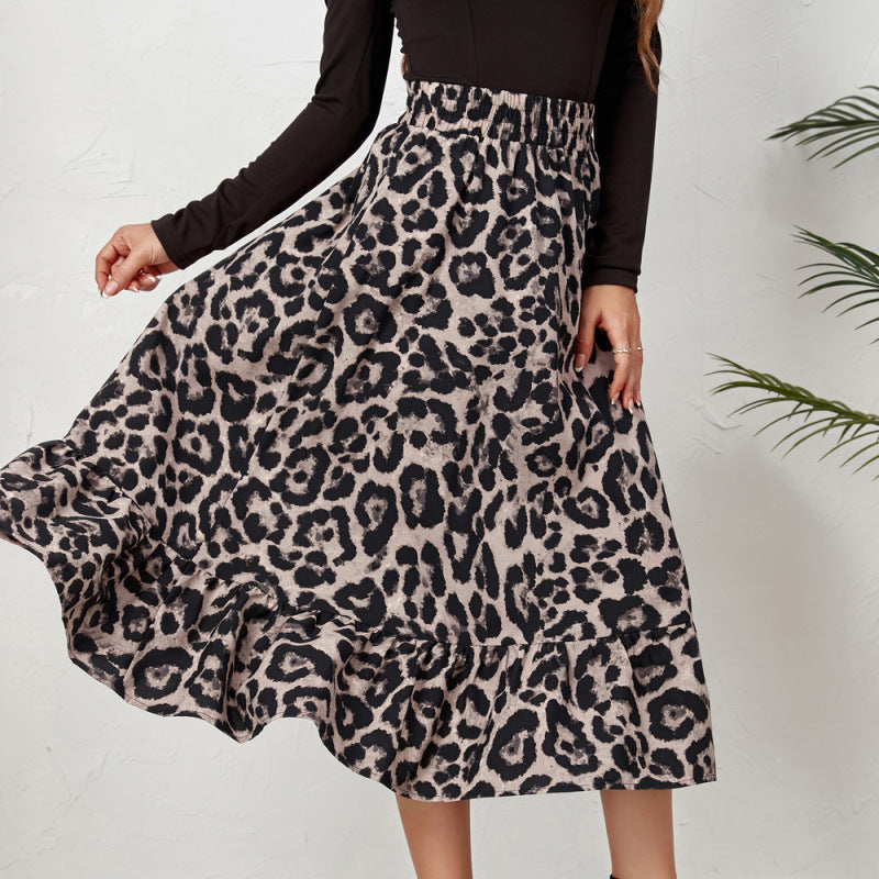 Women Casual Elegant Leopard Print High Waist Swing Skirt