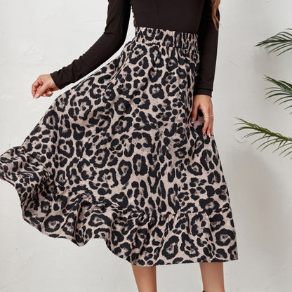 Women Casual Elegant Leopard Print High Waist Swing Skirt