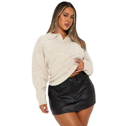 Women Loose Lapel Casual Pullover Knitted Sweater