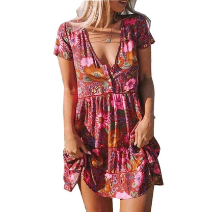 Women Casual Floral Printed V-Neck Short Sleeves Ruffled Dress