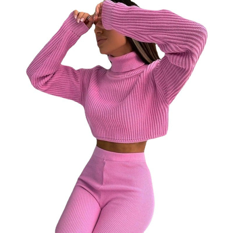 Conjunto de dos piezas de top y pantalón de punto de manga larga con cuello alto y color liso informal para mujer